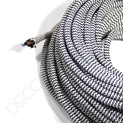 Cable textil eléctrico (zig-zag Blanco y negro) 1 Cable eléctrico redondo de tela de color blanco y negro zig-zag
