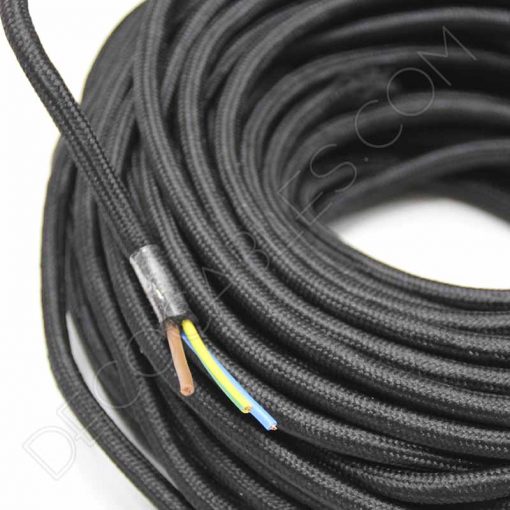 Cable eléctrico redondo de tela de color negro de 3 hilos