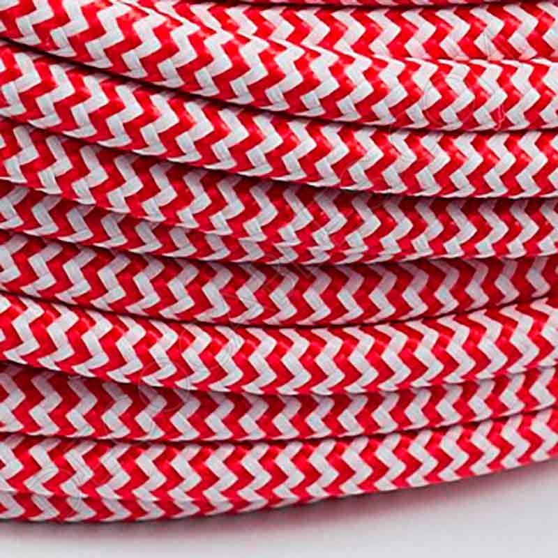 Cable eléctrico redondo de tela de color rojo y blanco en zig-zag Cable eléctrico redondo de tela de color rojo y blanco en zig-zag