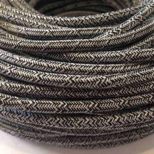 Cable textil eléctrico Vaquero (Gris y Blanco jaspeado) 1 Cable eléctrico redondo de tela de color gris y blanco en zig-zag jaspeado