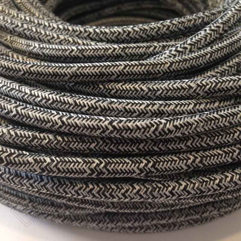 Cable eléctrico redondo de tela de color gris y blanco en zig-zag jaspeado Cable eléctrico redondo de tela de color gris y blanco en zig-zag jaspeado