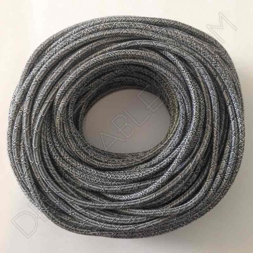 Cable textil eléctrico Vaquero (Gris y Blanco jaspeado) 2 Cable eléctrico redondo de tela de color gris y blanco en zig-zag jaspeado