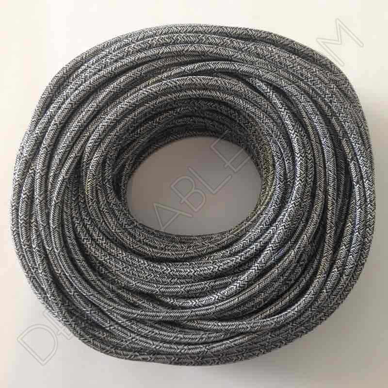 Cable eléctrico redondo de tela de color gris y blanco en zig-zag jaspeado Cable eléctrico redondo de tela de color gris y blanco en zig-zag jaspeado