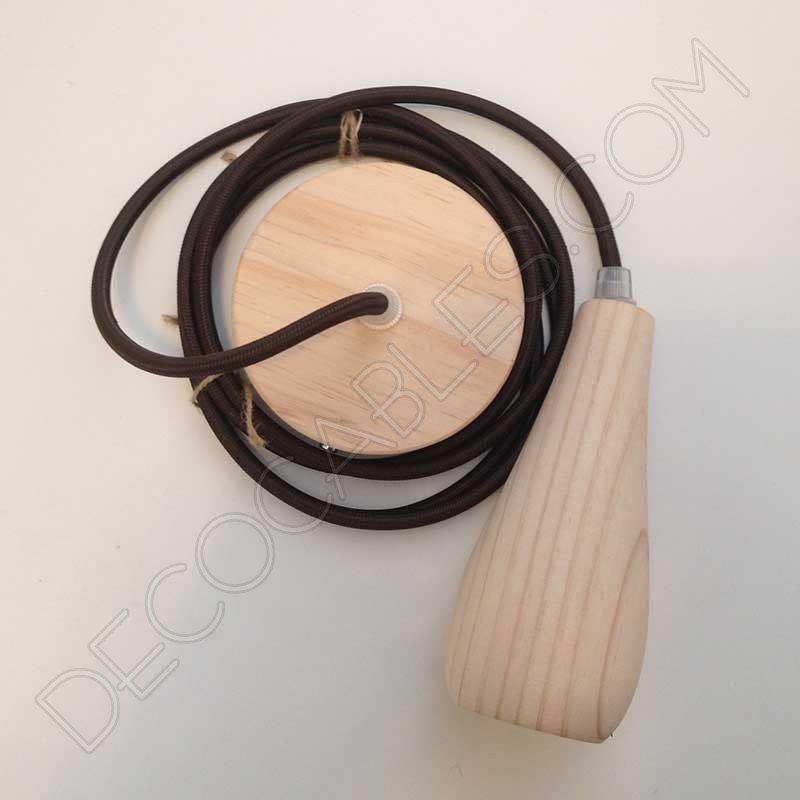 Lámpara colgante en madera con cable textil modelo botella Lámpara colgante en madera con cable textil modelo botella