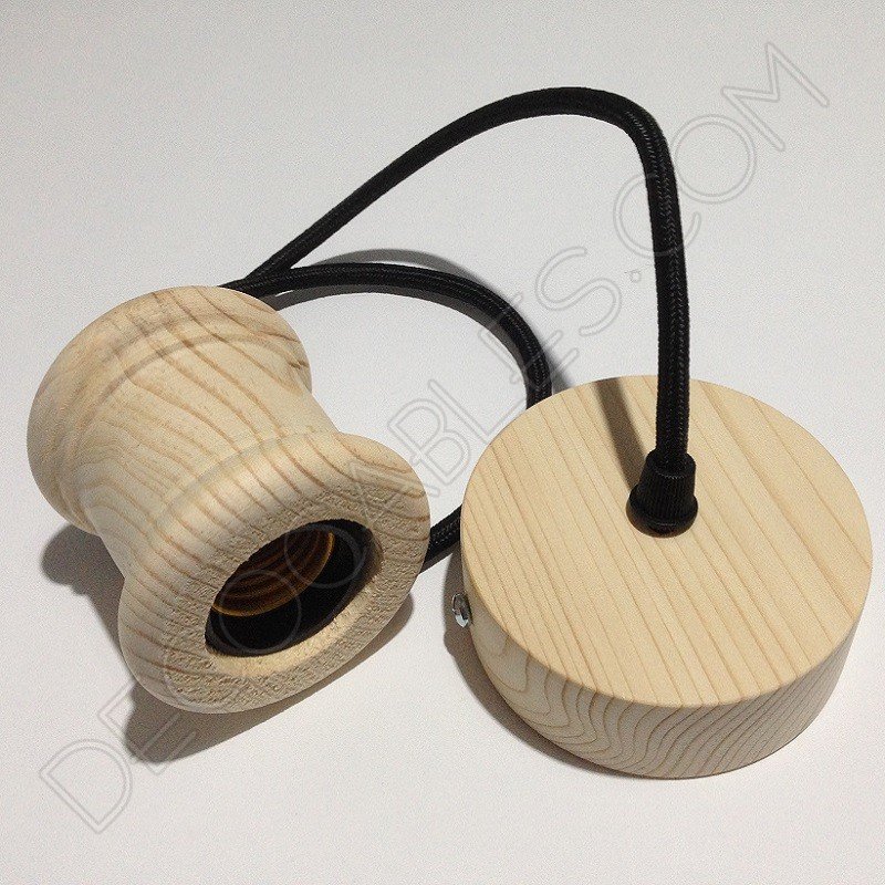 Lámpara colgante en madera con cable textil modelo columna Lámpara colgante en madera con cable textil modelo columna