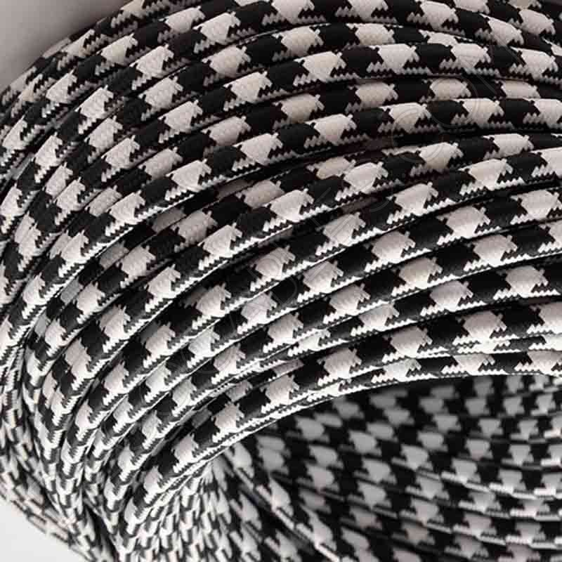 Cable eléctrico redondo vintage de tela de color blanco y negro jaspeado Cable eléctrico redondo vintage de tela de color blanco y negro jaspeado