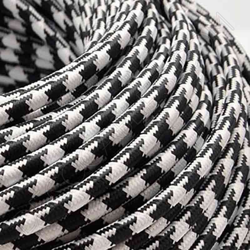 Cable eléctrico redondo vintage de tela de color blanco y negro jaspeado Cable eléctrico redondo vintage de tela de color blanco y negro jaspeado