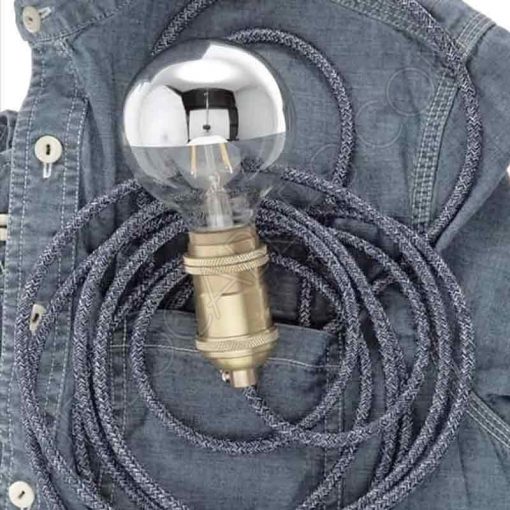 Cable textil eléctrico Vaquero (Azul y blanco jaspeado) 3 Cable eléctrico redondo de tela vaquera color azul y blanco en zig-zag jaspeado