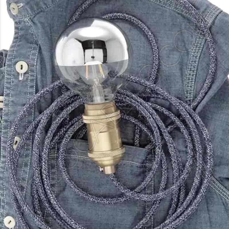 Cable eléctrico redondo de tela vaquera color azul y blanco en zig-zag jaspeado Cable eléctrico redondo de tela vaquera color azul y blanco en zig-zag jaspeado