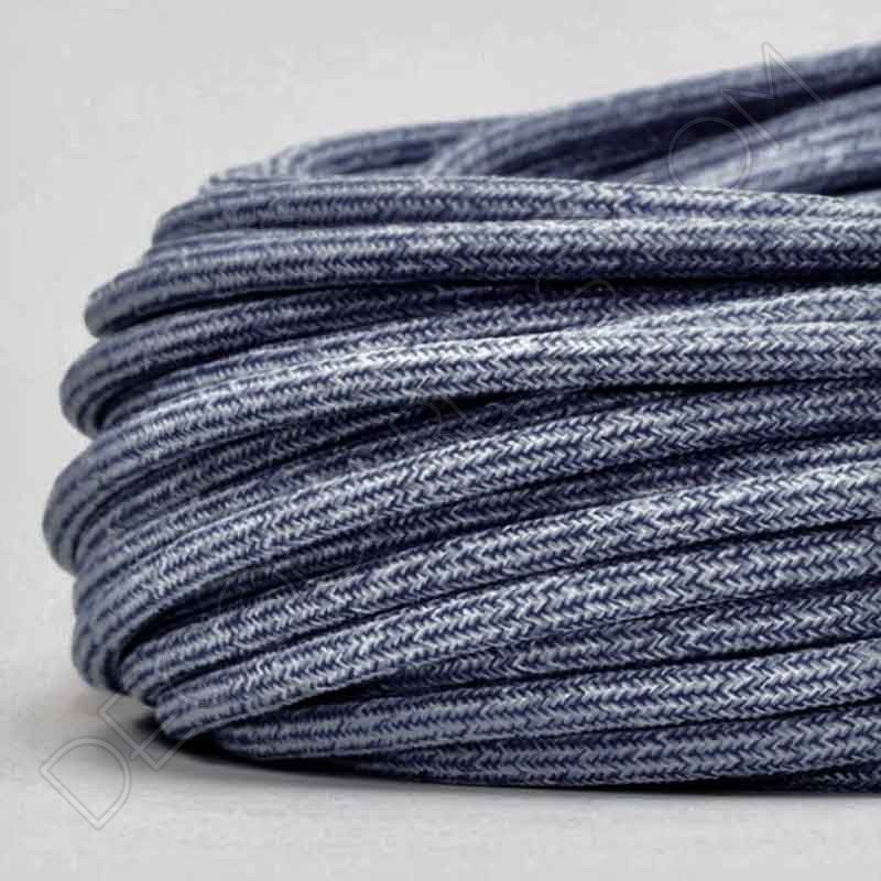 Cable eléctrico redondo de tela vaquera color azul y blanco en zig-zag jaspeado Cable eléctrico redondo de tela vaquera color azul y blanco en zig-zag jaspeado