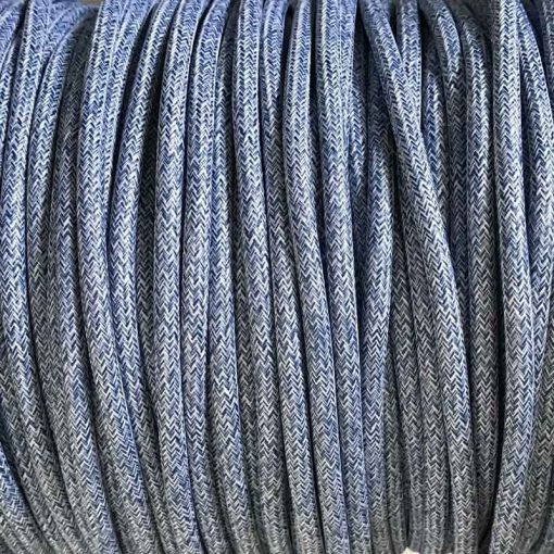 Cable eléctrico redondo de tela vaquera color azul y blanco en zig-zag jaspeado