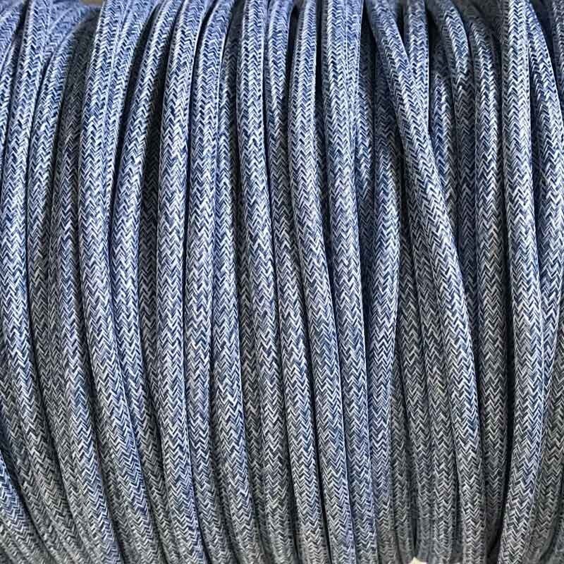 Cable eléctrico redondo de tela vaquera color azul y blanco en zig-zag jaspeado Cable eléctrico redondo de tela vaquera color azul y blanco en zig-zag jaspeado