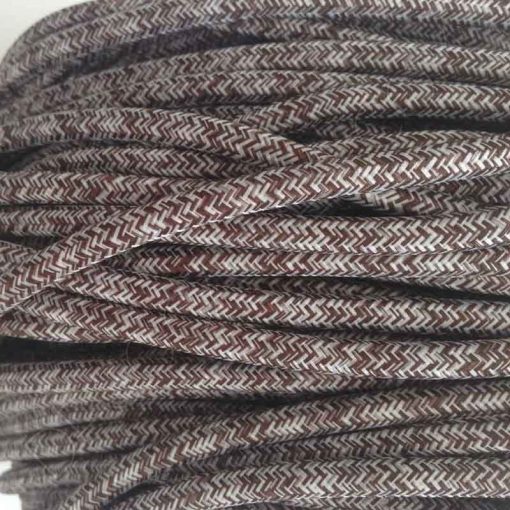 Cable eléctrico redondo de tela vaquera color marrón y blanco en zig-zag jaspeado
