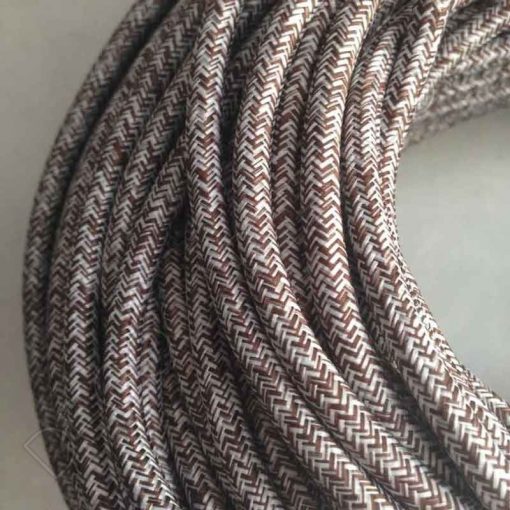 Cable eléctrico redondo de tela vaquera color marrón y blanco en zig-zag jaspeado