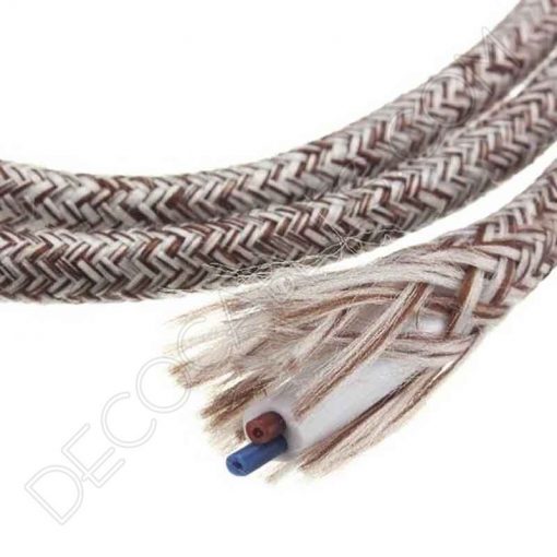 Cable eléctrico redondo de tela vaquera color marrón y blanco en zig-zag jaspeado