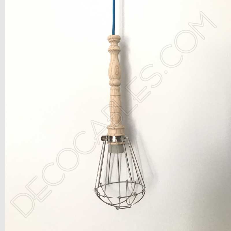 Lámpara colgante de madera con jaula metálica Lámpara colgante de madera con jaula metálica