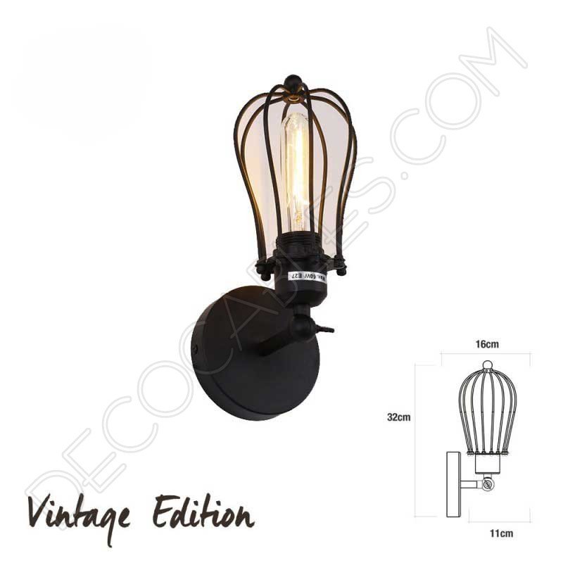 Lámpara aplique de pared Vintage negro mate con jaula Lámpara aplique de pared Vintage negro mate con jaula