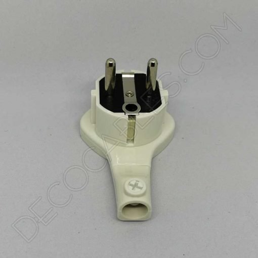 Clavija bipolar extraplana blanca con anilla y toma de tierra para detrás de los muebles