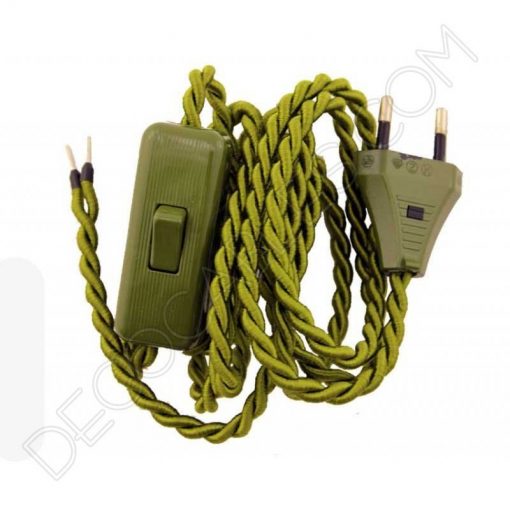 Clavija decorativa para lámparas (varios colores) 17 cable trenzado con interruptor y clavija verde