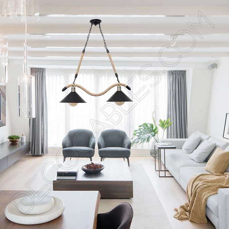 Lámpara colgante soga rústica con dos tulipas metálicas Lámpara colgante soga rústica con dos tulipas metálicas