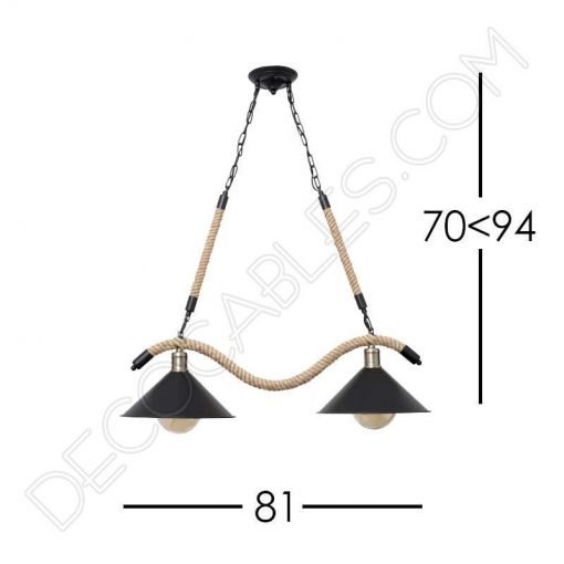Lámpara colgante rústica soga de cáñamo de dos luces( 5 Lámpara colgante soga rústica con dos tulipas metálicas
