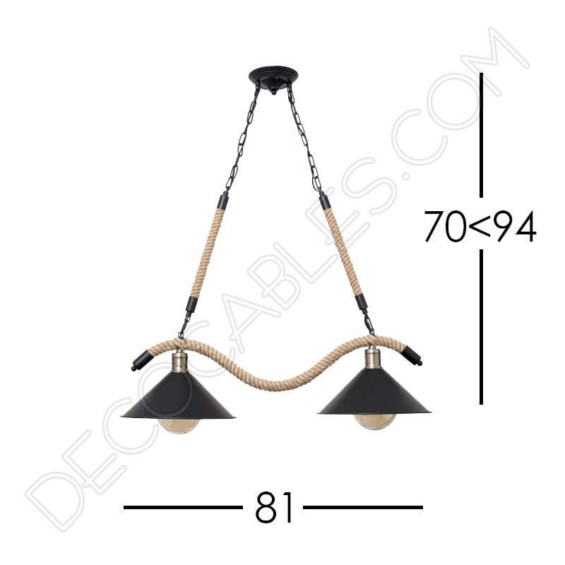 Lámpara colgante soga rústica con dos tulipas metálicas Lámpara colgante soga rústica con dos tulipas metálicas
