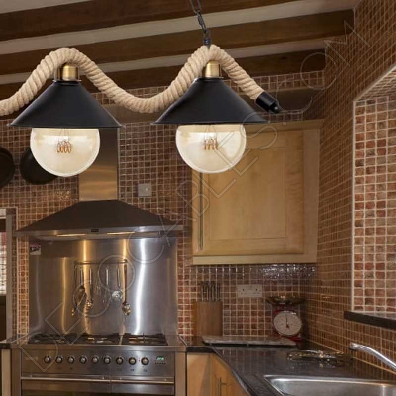 Lámpara colgante soga rústica con tres tulipas metálicas Lámpara colgante soga rústica con tres tulipas metálicas