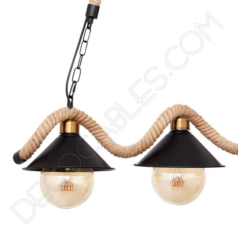 Lámpara colgante soga rústica con tres tulipas metálicas Lámpara colgante soga rústica con tres tulipas metálicas