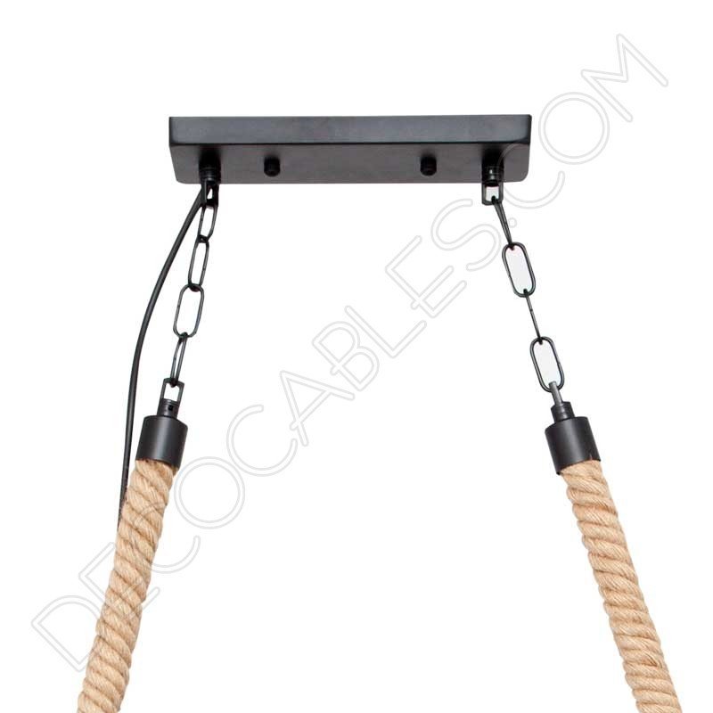 Lámpara colgante soga rústica con tres tulipas metálicas Lámpara colgante soga rústica con tres tulipas metálicas