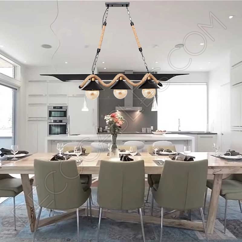 Lámpara colgante soga rústica con tres tulipas metálicas Lámpara colgante soga rústica con tres tulipas metálicas