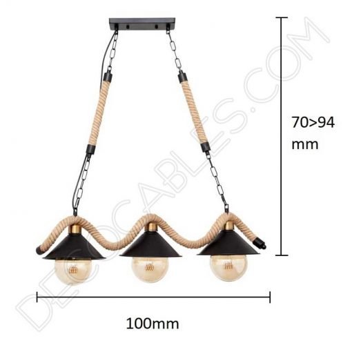 Lámpara colgante rústica soga de cáñamo de tres luces 5 Lámpara colgante soga rústica con tres tulipas metálicas