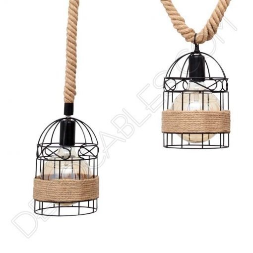 Lámpara colgante soga y bambú con portalámparas jaula 2 Lámpara colgante cuerda y bambú con portalámparas jaula