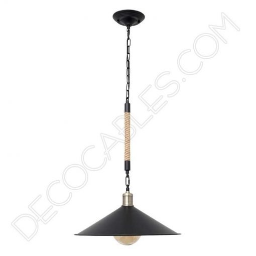 Lámpara colgante de soga 1xe27 plato grande negro cuerda de cáñamo